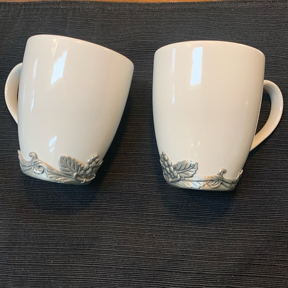 Arthur Court White Stoneware Mugs with Pewter Grape Pattern Overlay